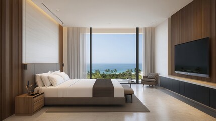 Fototapeta premium Modern Coastal Bedroom with Ocean View and Elegant Interior Design