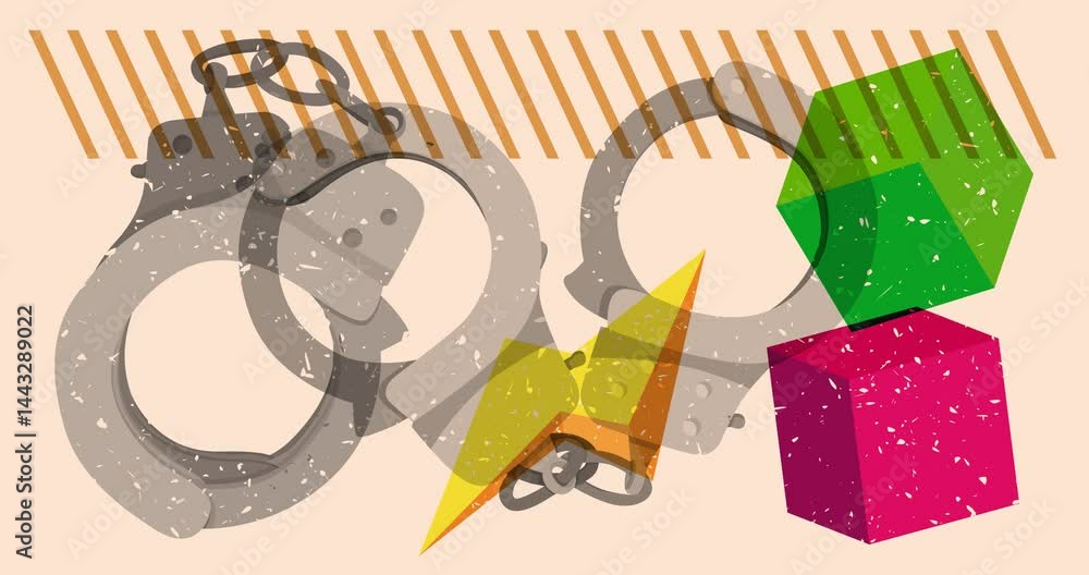 Poster risograph handcuffs with geometric shapes animation. moving object in trendy riso graph design video