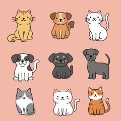Cute pets collection. Vector flat cats and dogs set. Cartoon pets bundle