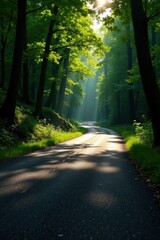 Obraz premium Sunlit Path Through a Lush Green Canopy of Trees on a Winding Road