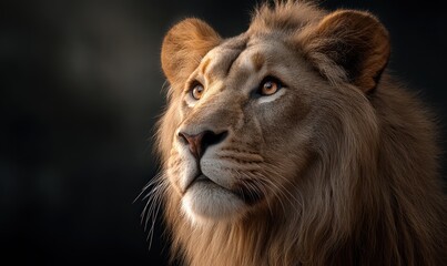 Fototapeta premium Close-up portrait of a lion. Majestic head with amber eyes looking upwards against a dark background