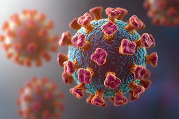 Microscopic view of a coronavirus, showcasing intricate detail and vibrant color.  Ideal for medical, scientific, or health-related content.