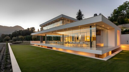Modern house with glass walls and lawn at dusk showcasing architectural design and outdoor living space