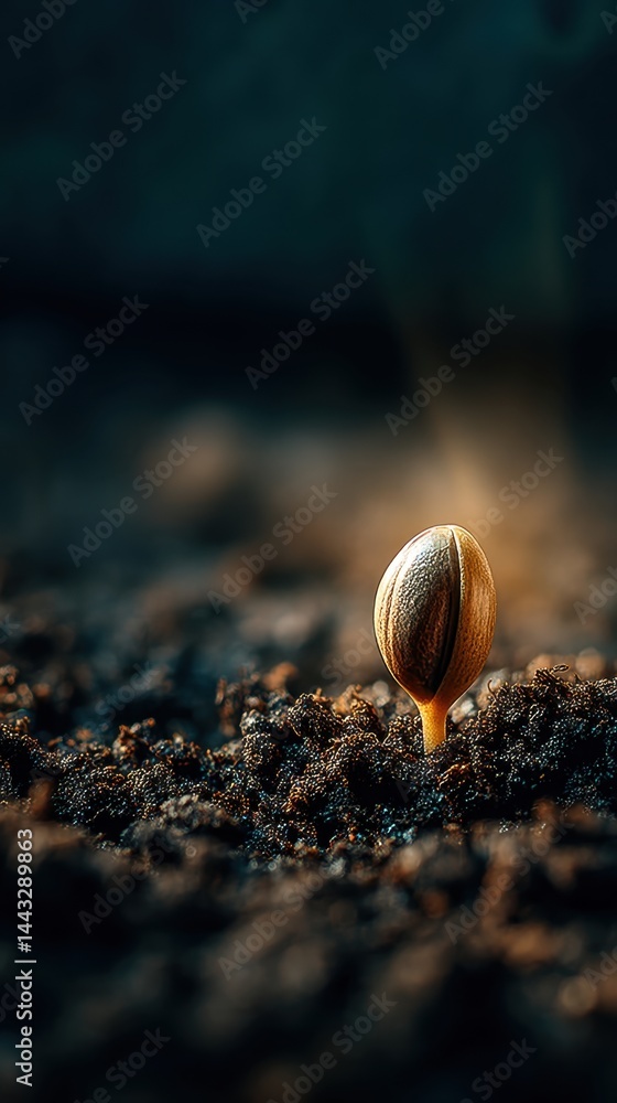Poster emerging life a single seed sprouts from dark soil in a close up shot symbolizing new beginnings gro