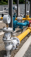 Close-up of gas meters and colorful piping systems at an industrial plant under bright daylight showcasing high pressure readings