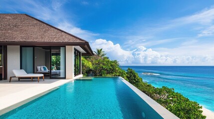 Fototapeta premium Serene Villa with Infinity Pool Overlooking Turquoise Ocean Water