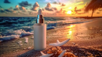 Relaxing coastal setting with skincare pump bottles.