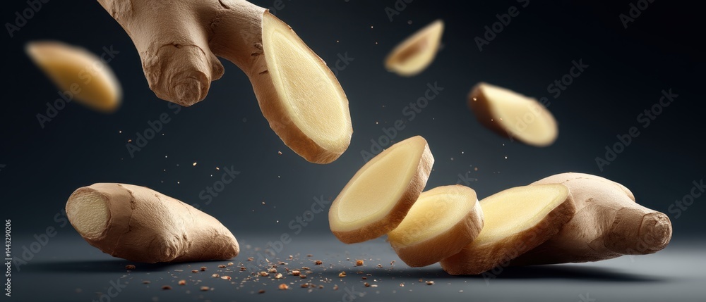Poster captivating still life of fresh ginger root and slices in dynamic levitation against a dark backgrou