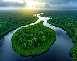 Lush island in a winding river at sunrise © Bagas