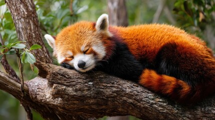 Fototapeta premium Red Panda Slumber: A Peaceful Arboreal Nap