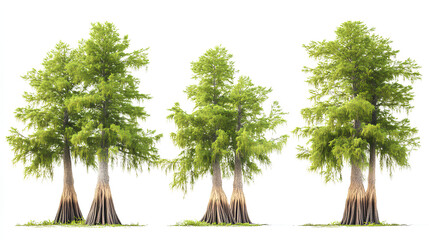 Set of Taxodium distichum (baldcypress, bald-cypress, bald cypress, swamp cypress) frontal set trees isolated  on a white background 