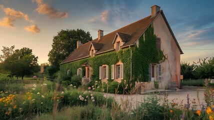 Ivy covered house with flower garden under a cloudy sky at dusk in the countryside setting view