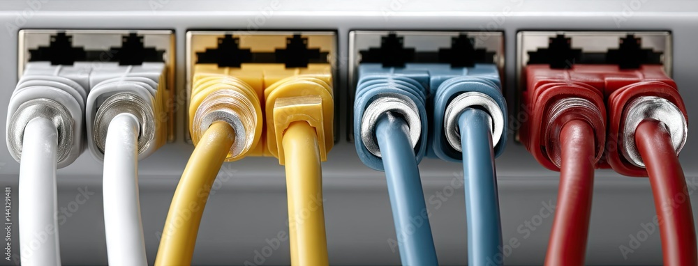 Poster colorful network cables connect to a switch in an office setting, emphasizing data transfer for effi