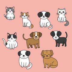 Cute pets collection. Vector flat cats and dogs set. Cartoon pets bundle