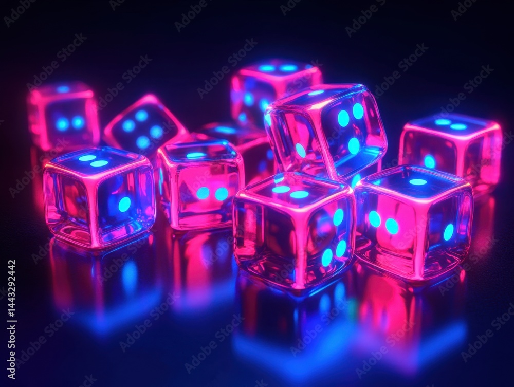 Aufkleber neon dice arrayed on dark surface reflecting vibrant pink and blue hues creating a dynamic and excit