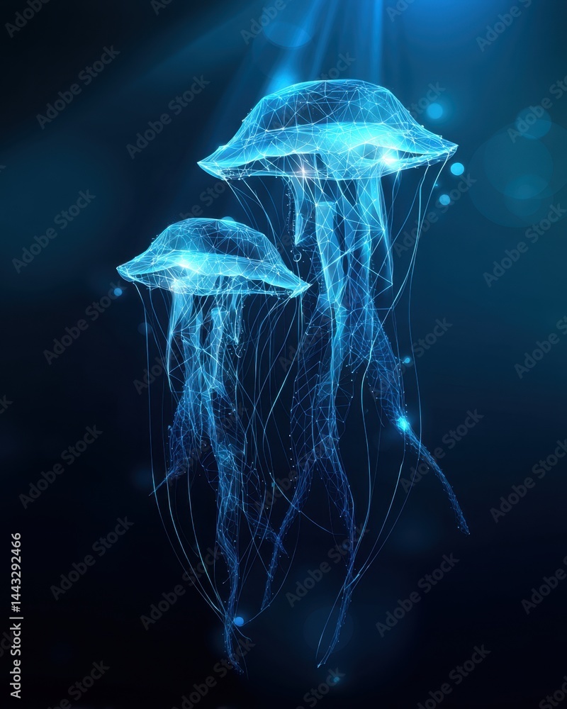 Poster ethereal jellyfish illuminated with radiant blue light in a deep ocean digital art rendering creatin