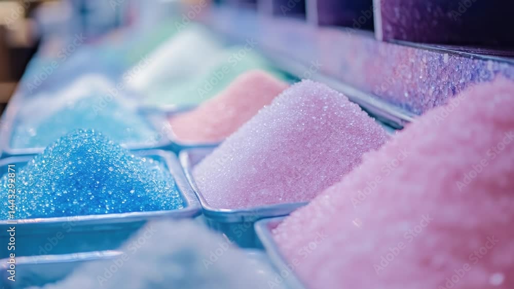 Poster a colorful sugar display case filled with various colored sugars