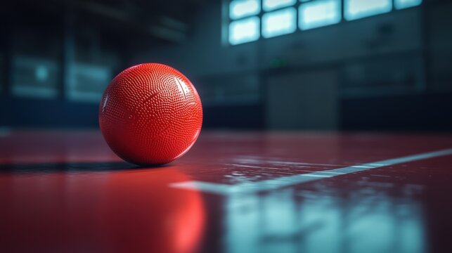 A vibrant red dodgeball rests on a polished gym floor, ready for action in a sports arena.