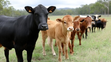 Close-up of expressive cows in an open field showcasing their unique characteristics and depth at a distance