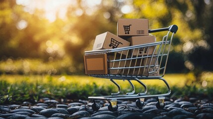 Shopping carts filled with cardboard boxes in an e-commerce setting. 