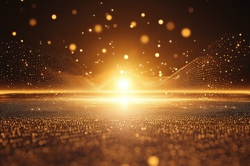 Golden sunrise digital landscape, shimmering particles  Abstract, glowing,  golden light