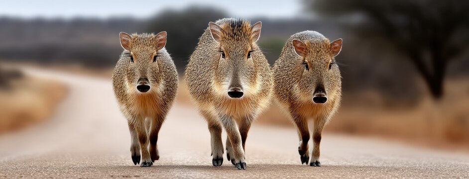 Collared peccaries run towards the camera on a dirt road, captured with a wide-angle lens emphasizing their unique features and blurred background