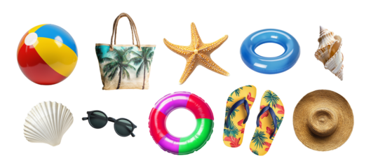 Collection set of colorful summer and beach accessories including beach ball,swimming ring,hat and bag, sunglasses,flipflops and seashells isolated on white or transparent background, png cut out
