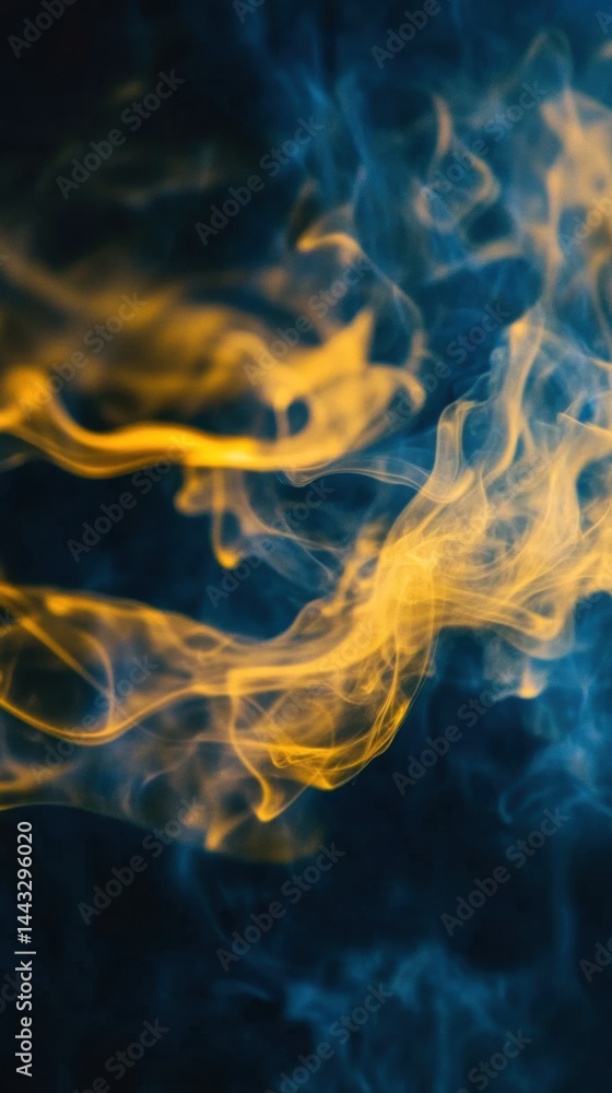 Poster ethereal golden smoke swirls against a deep blue backdrop creating a mesmerizing abstract pattern wi