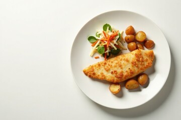 Delicious Pan-Fried Fish Fillet Served with Roasted Potatoes and a Fresh Vegetable Salad on a White Plate