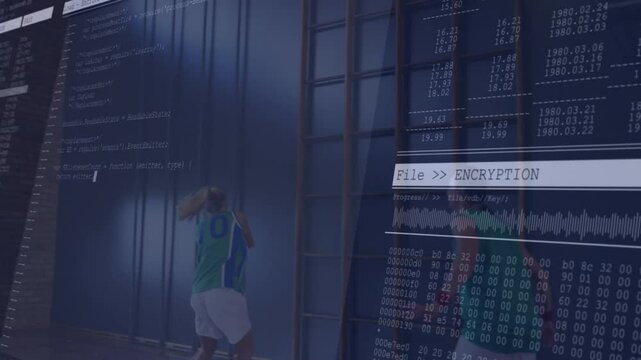 Female basketball player dribbling in gym, showing encryption code and digital UI graphics
