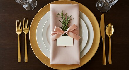 Elegant Wedding Table Setting: Gold Charger Plate, White Plates, Pink Napkin with Ribbon, Rosemary Sprig and Blank Place Card on Dark Wood Table, Top View