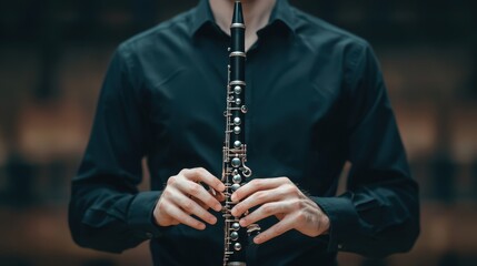 Musician Holding Clarinet in Formal Attire during Performance in Elegant Concert Environment