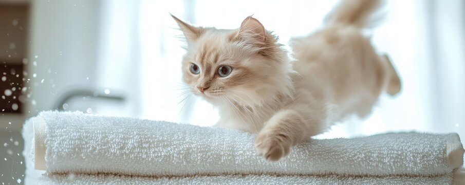 International cat day with feline fur idea. Playful cat leaping from a soft surface with water droplets around.