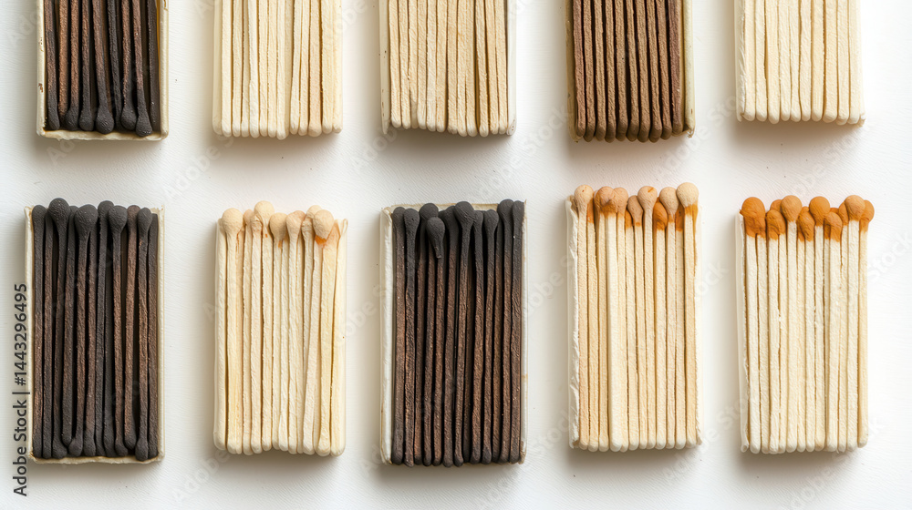 Poster flat lay of various matchsticks arranged in neat rows, showcasing different colors and styles. image