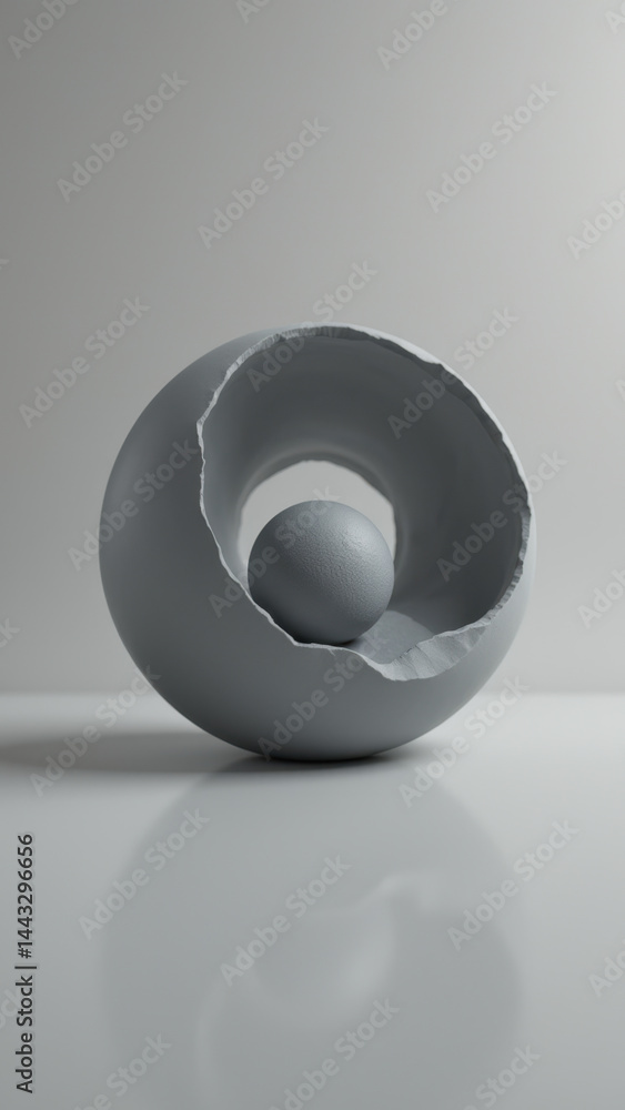 Poster atom model with inner nucleus on gray surface.