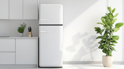 modern kitchen featuring sleek white refrigerator, complemented by green potted plant, creating fresh and inviting atmosphere