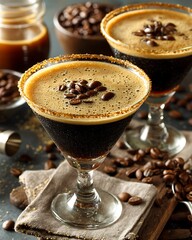 Coffee Martini Two glasses with espresso martini garnished with coffee beans and brown sugar rim