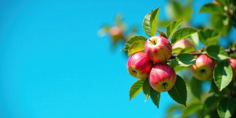 Vibrant red apples on a lush green branch against a clear blue sky, symbolizing the freshness and bounty of nature's harvest.