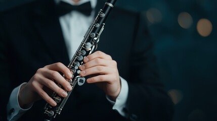 Fototapeta premium Elegant Musician in Formal Attire Playing Flute with Focus and Passion Against a Blurred Background