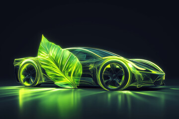 Futuristic electric car concept with glowing green leaf, symbolizing clean transportation, eco innovation, zero emissions, and green energy for automotive future