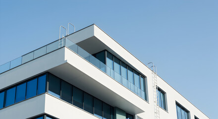 Modern White Building Exterior with Blue Windows Under a Clear Blue Sky