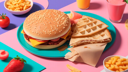 Photo of a complete meal of burger, waffle, fries and drink on a colorful 80's style background