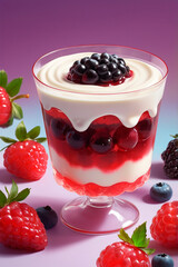 Photo of vivid and tasty jelly dessert with berries and cream