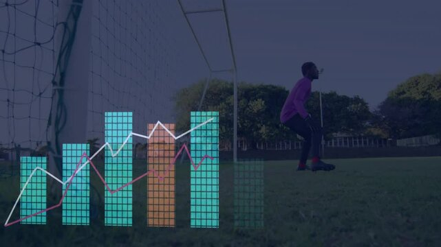 Goalkeeper crouching by soccer goal, technology overlays showing teal bar charts with trend lines