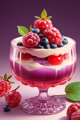Photo of vivid and tasty jelly dessert with berries and cream