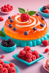Photo of vivid and tasty molded jelly dessert with berries and cream