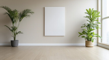 modern interior space featuring two indoor plants, blank canvas wall, and natural light streaming through large window, creating serene atmosphere