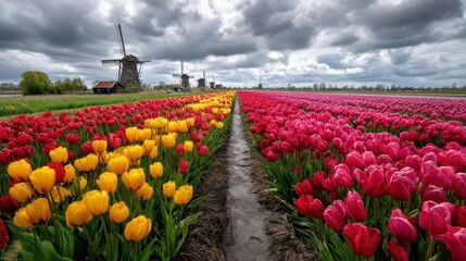 Colorful tulip fields with windmills under a dramatic sky.  A picturesque Dutch landscape