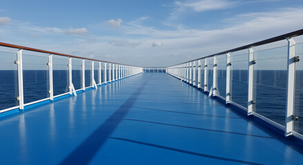 Naklejka premium Open Deck with Blue Flooring and Glass Railings on a Cruise Ship with Ocean View and Clear Blue Sky on Sunny Day