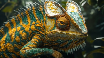 Vibrant, patterned chameleon's close-up portrait.
